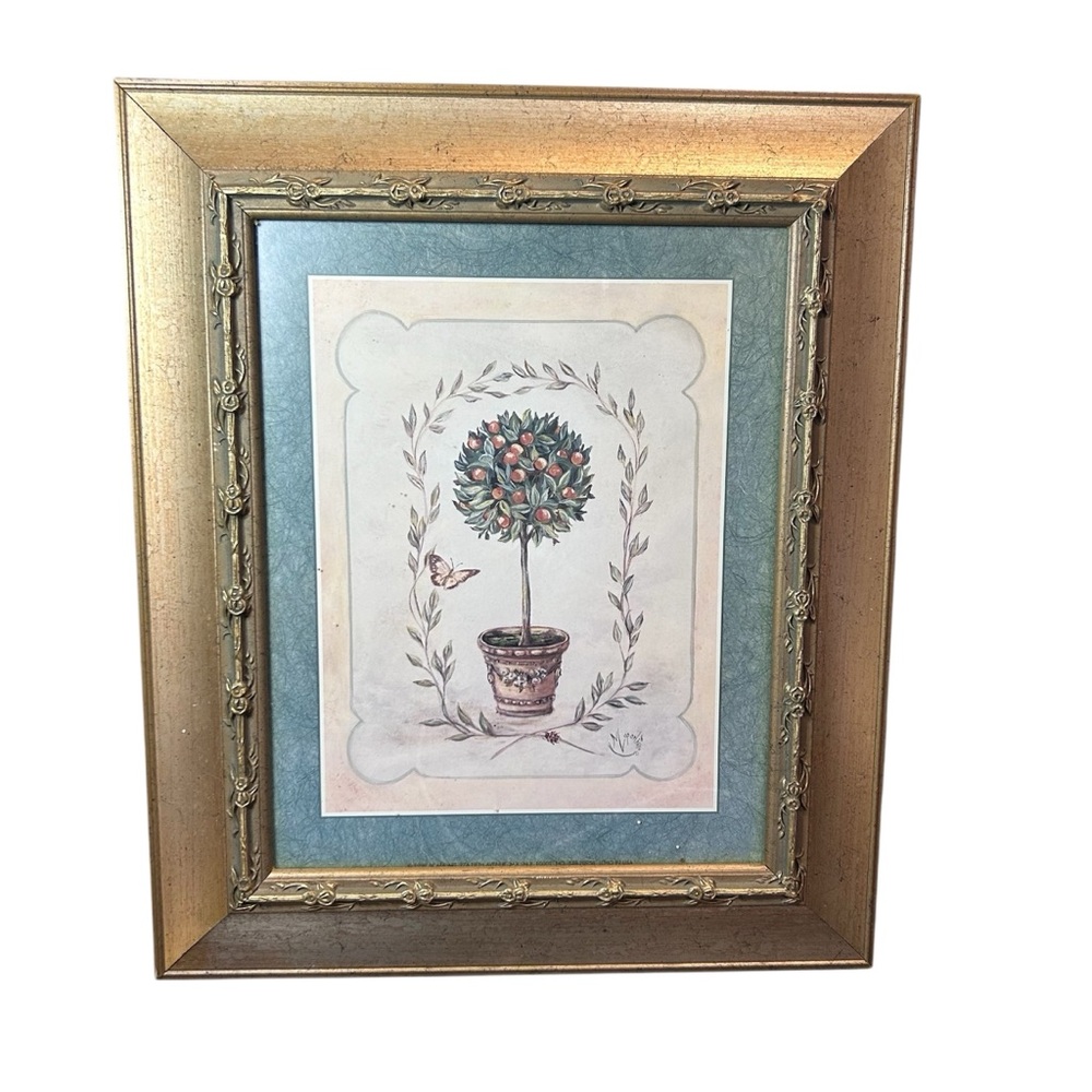 Art deco‎ frame topiary tree print picture gold tone wooden wall hanging